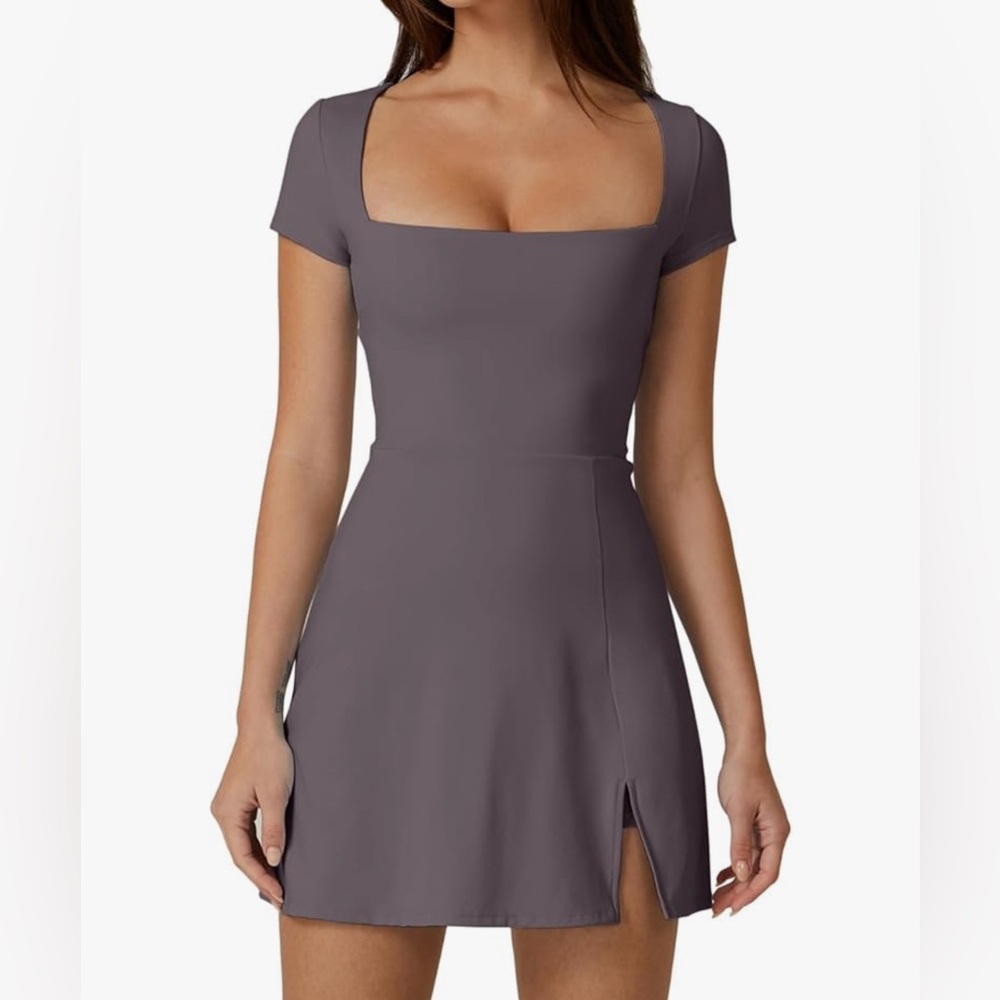 Women’s Square Neck Tennis Golf Athletic Dress With Built in Shorts with pocket